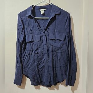 H&M Women Deep Blue Navy Long Sleeve Button-Down Shirt V-Neck Size 2